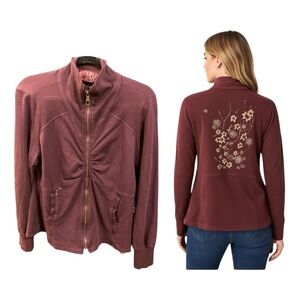 Odin & Ivy Ruched Back Decorated Burgundy Pockets Full Zip Cover Sx L